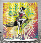 Detailed look at the Surfing 1 13 Shower Curtain, showcasing vibrant surf-inspired graphics, perfect for adding a burst of energy to your bathroom décor.